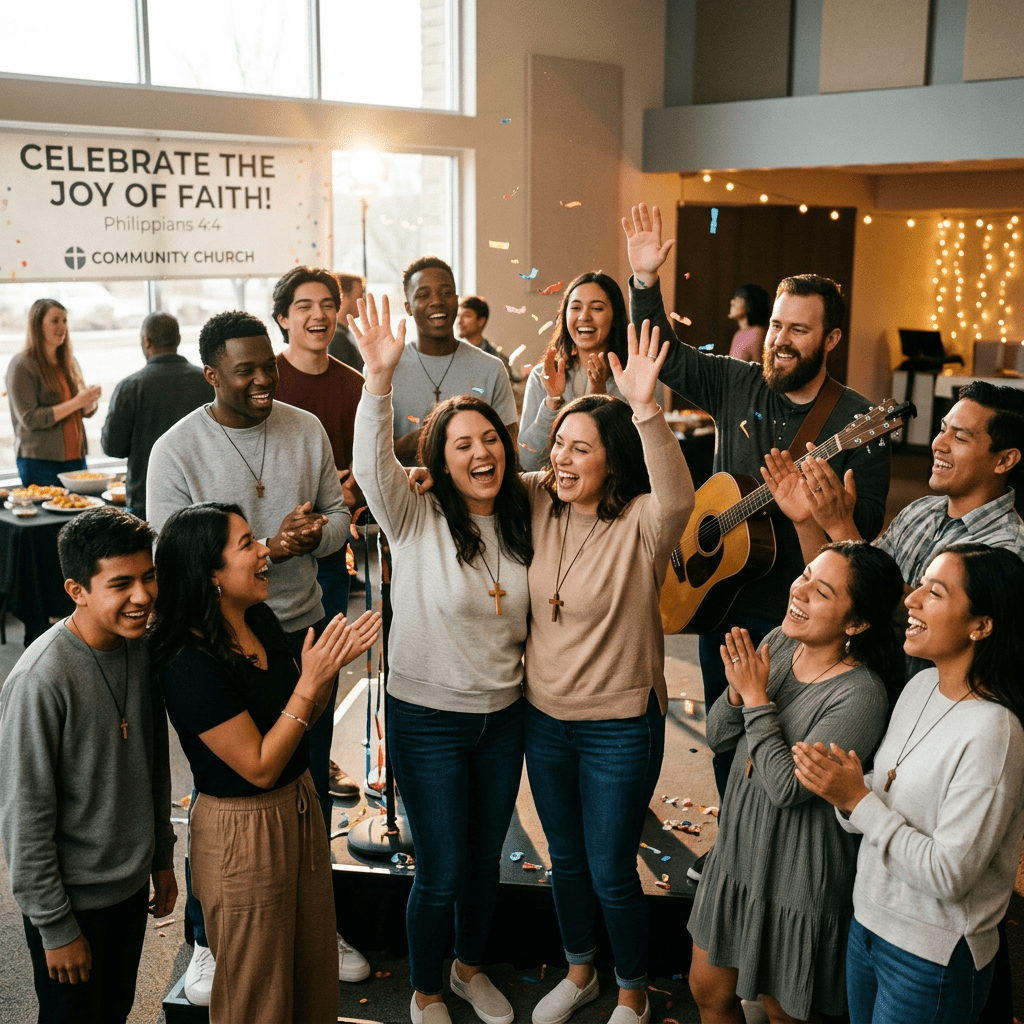 Group of diverse people celebrating with raised hands and smiling faces at a church event